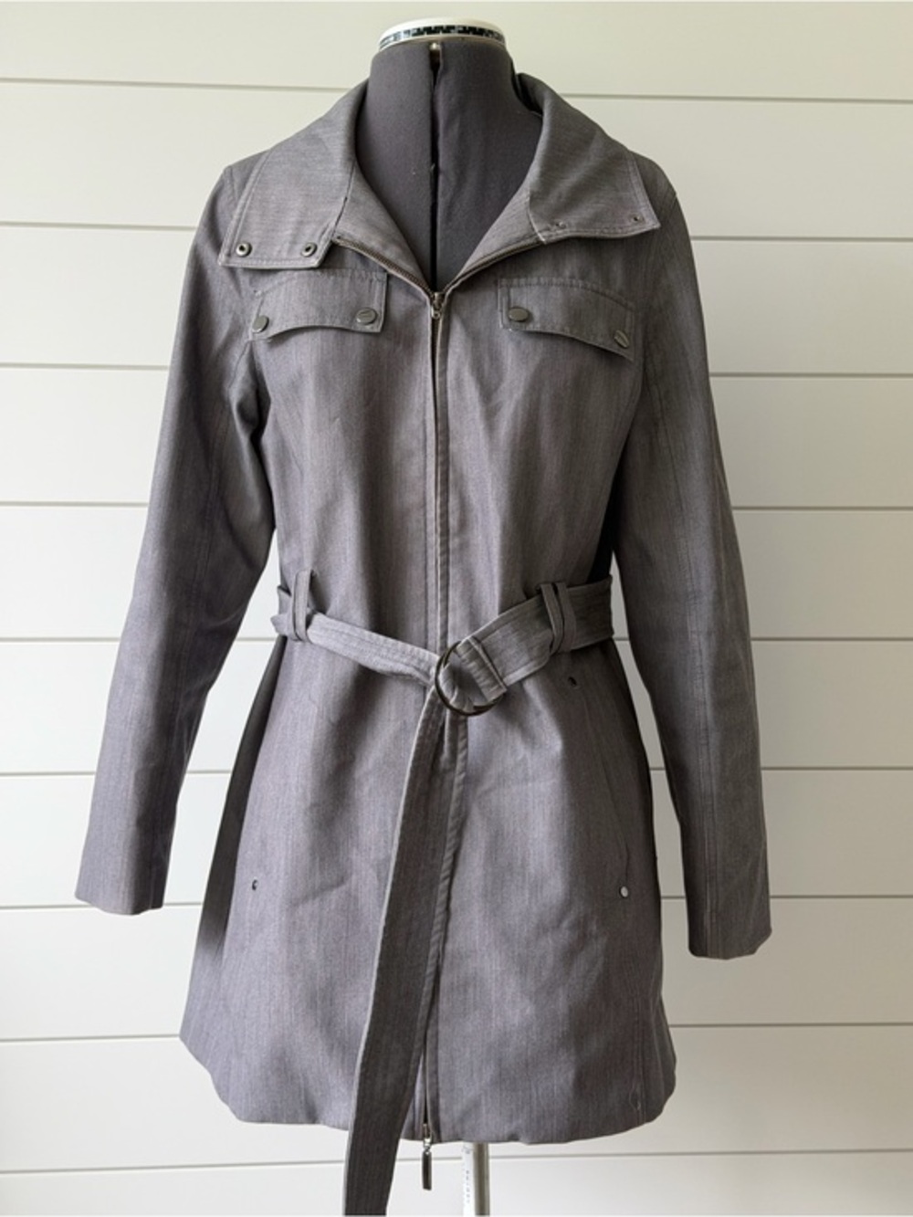 Metro Womens Gray Belted Trench Coat Jacket size medium